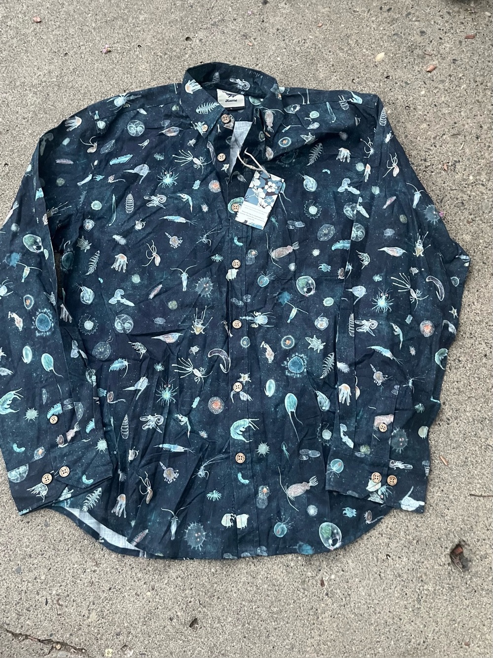 NWT Yiume Men Sea Creatures Print Button-Up Shirt Size Large Blue